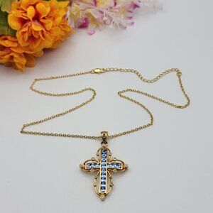 JBK Jackie Kennedy Blue Crystal Cross Necklace Gold Plated 20" Adjustable